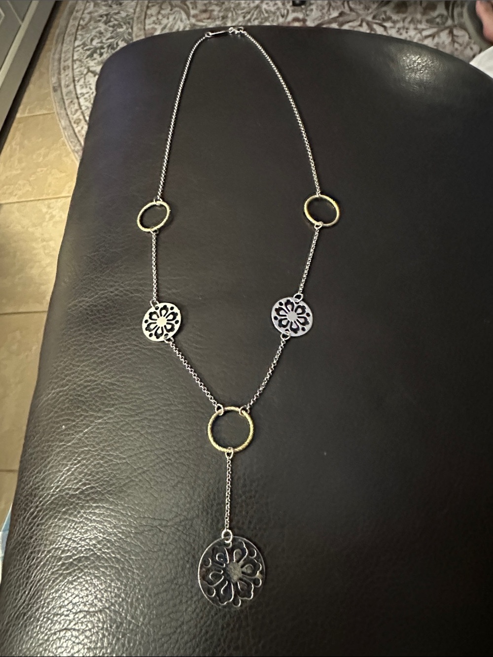 Two-Tone Floral Pendant Long Necklace - Gold & Silver